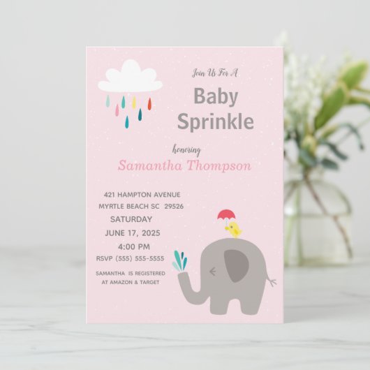 Cute Elephant Girls Pink Baby Sprinkle Shower Kaart (Staand voorkant)