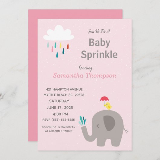 Cute Elephant Girls Pink Baby Sprinkle Shower Kaart (Voorkant / Achterkant)