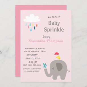 Cute Elephant Girls Pink Baby Sprinkle Shower Kaart