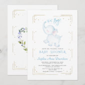 Cute Elephant Gold Glitter Boy Baby shower Kaart (Voorkant / Achterkant)