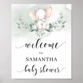 Cute elephant green euclayptus leaves welkomstteke poster