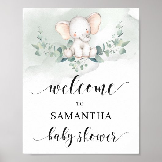 Cute elephant green euclayptus leaves welkomstteke poster (Voorkant)