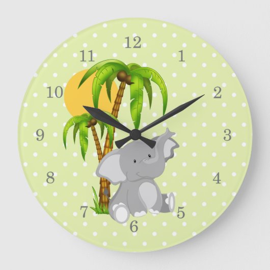 Cute Elephant Green Polka Dots Wall Clocks Grote Klok (Voorkant)