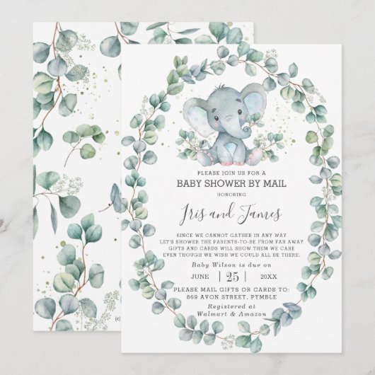 Cute Elephant Greenery Baby shower by Mail Boy Kaart (Voorkant / Achterkant)