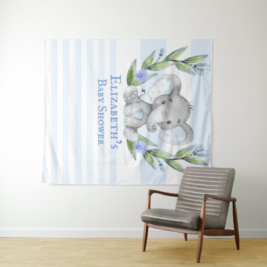 Cute Elephant Greenery Boy Baby shower Photo Booth Wandkleed (In Situ (horizontaal))