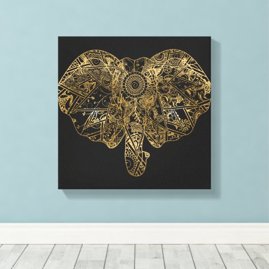 Cute Elephant hand getrokken Henna floral Canvas Afdruk (Insitu (Houten vloer))