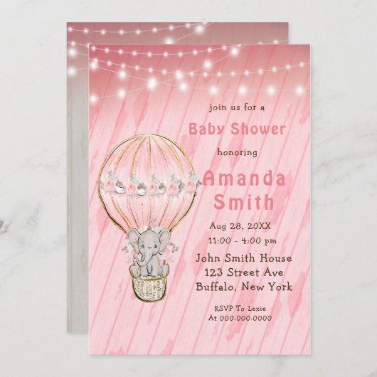 Cute Elephant Hot Air Ballon Baby shower Invitat Kaart (Voorkant / Achterkant)