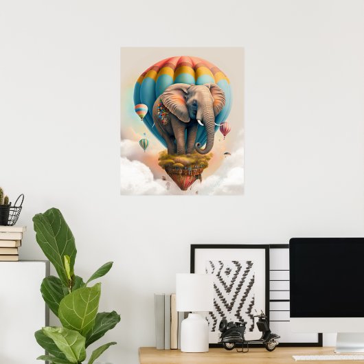 Cute Elephant Hot Air Ballon Whimsical Animal Poster (Thuiskantoor)
