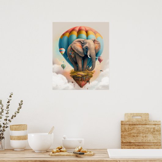 Cute Elephant Hot Air Ballon Whimsical Animal Poster (Keuken)