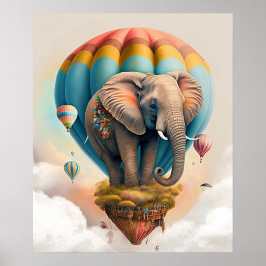Cute Elephant Hot Air Ballon Whimsical Animal Poster (Voorkant)