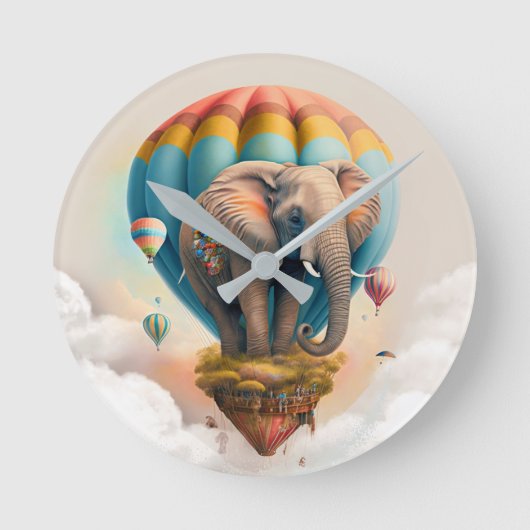 Cute Elephant Hot Air Ballon Whimsical Animal Ronde Klok (Voorkant)