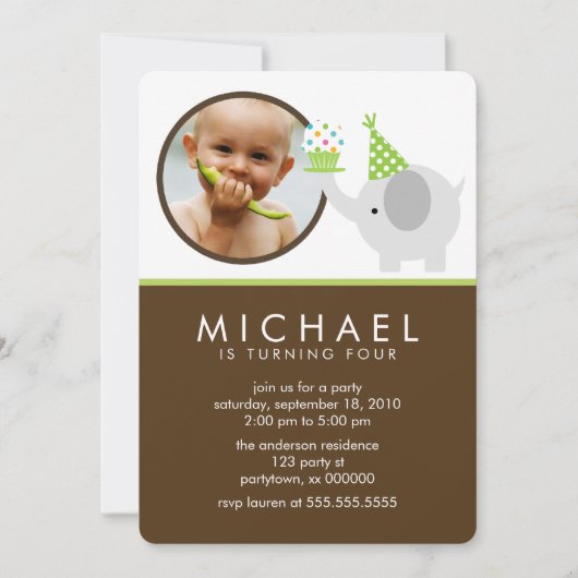 Cute Elephant Kinder Photo Birthday Party Kaart (Voorkant)