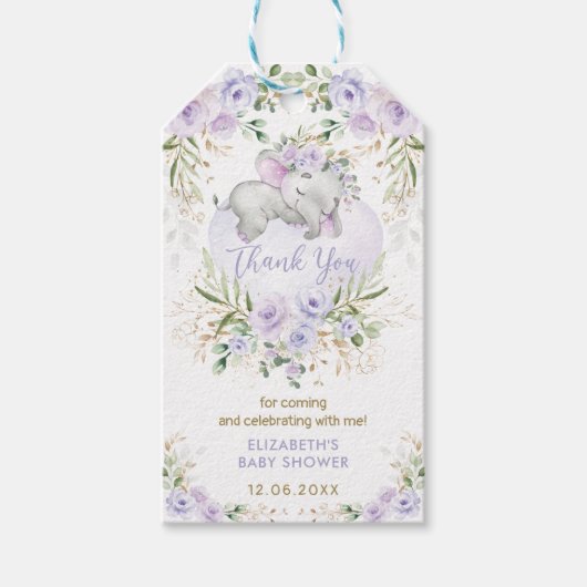 Cute Elephant Lavender Gold Floral Baby shower Cadeaulabel (Voorkant)