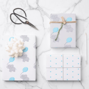 Cute Elephant met ballon   Baby Boy Inpakpapier Vel