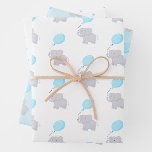 Cute Elephant met ballon | Baby Boy Inpakpapier Vel (In situ)