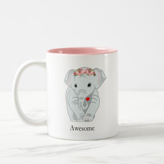 Cute Elephant met Bloemkroon die een hart vasthoud Tweekleurige Koffiemok (Links)