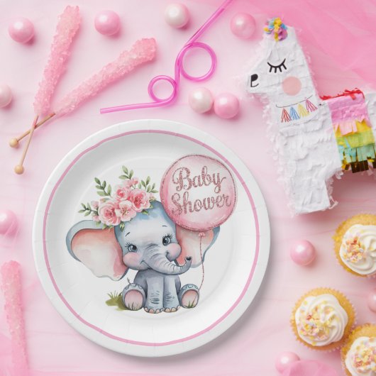 Cute Elephant met roze ballonnen Girl Baby shower Papieren Bordje (Feest)