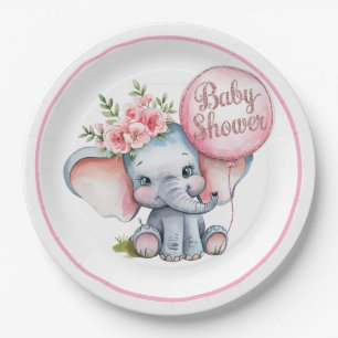 Cute Elephant met roze ballonnen Girl Baby shower Papieren Bordje