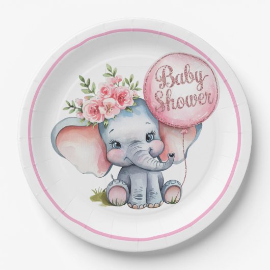 Cute Elephant met roze ballonnen Girl Baby shower Papieren Bordje (Voorkant)