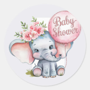 Cute Elephant met roze ballonnen Girl Baby shower Ronde Sticker