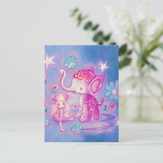 Cute Elephant met roze reuzenmeisje Briefkaart (Staand voorkant)