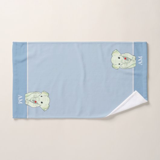 Cute Elephant & Monogram op Light Wondrous Blue Bad Handdoek (Handdoek)