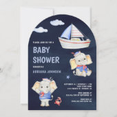 Cute Elephant Nautical Boat Navy Blue Baby Shower Kaart (Voorkant)