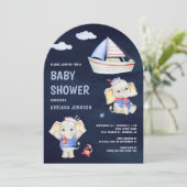 Cute Elephant Nautical Boat Navy Blue Baby Shower Kaart (Staand voorkant)
