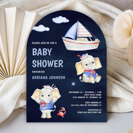Cute Elephant Nautical Boat Navy Blue Baby Shower Kaart