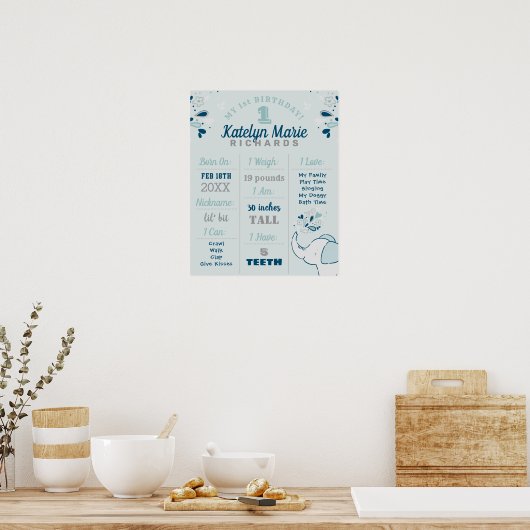 Cute Elephant Navy & Mint First Birthday Milestone Poster (Keuken)
