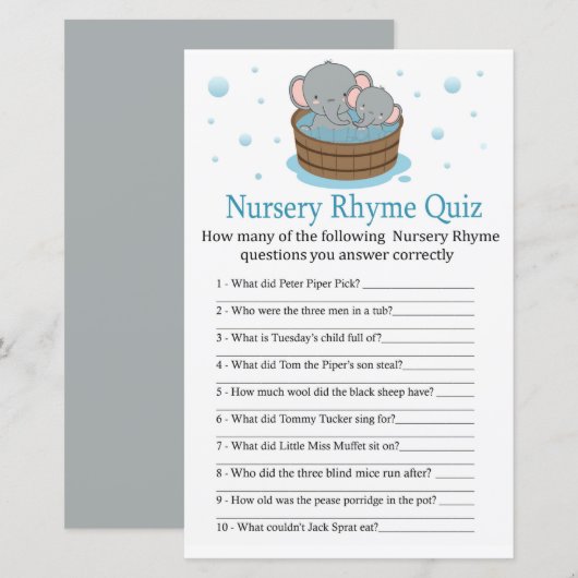Cute Elephant Nursery Rhyme Quiz baby shower game (Voorkant / Achterkant)