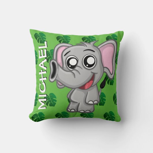 Cute Elephant Oerwoud Rainforest Green Name Cartoo Kussen (Voorkant)