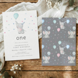 Cute Elephant One 1st Birthday Party Kaart