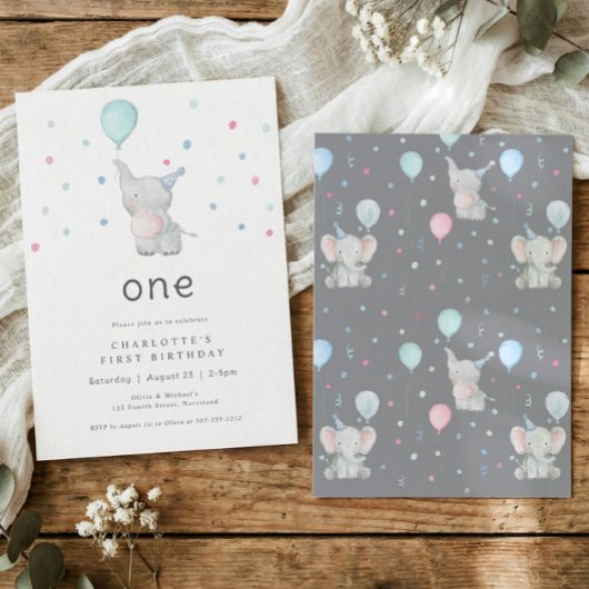 Cute Elephant One 1st Birthday Party Kaart