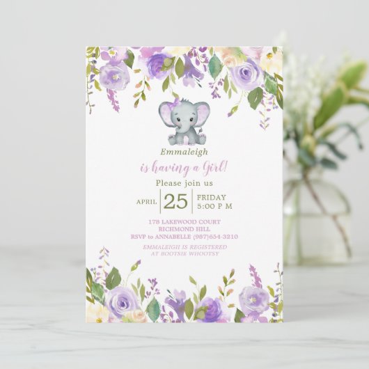 Cute Elephant Paars Spring Florence Baby shower Kaart (Staand voorkant)