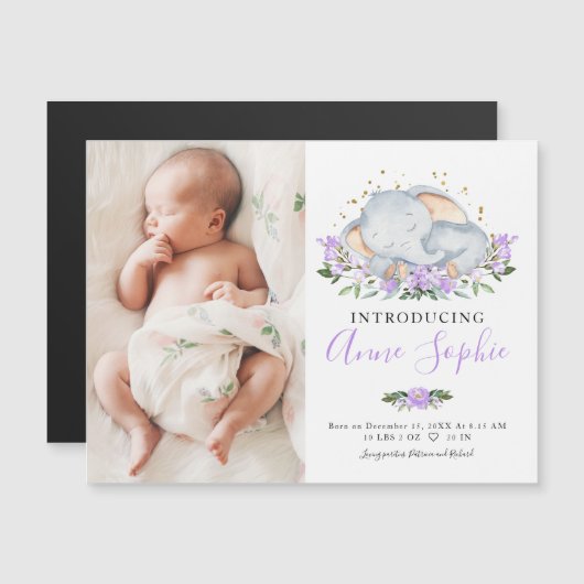 Cute Elephant Photo Birth Announcement Cards (Voorkant / Achterkant)