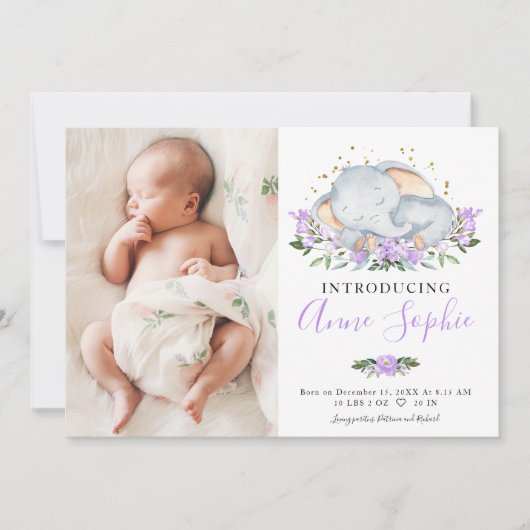 Cute Elephant Photo Birth Announcement Cards Kaart (Voorkant)
