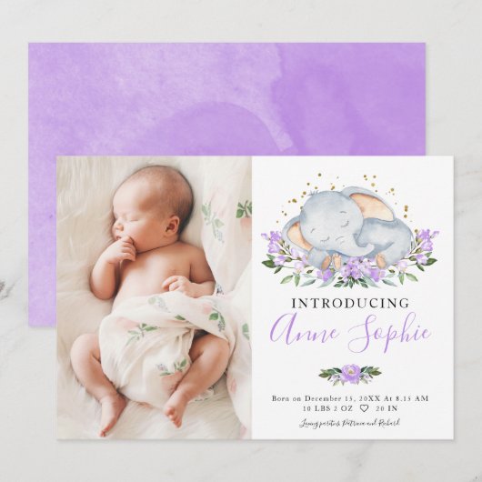 Cute Elephant Photo Birth Announcement Cards Kaart (Voorkant / Achterkant)