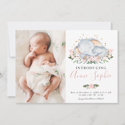 Cute Elephant Photo Birth Announcement Cards Kaart (Voorkant)