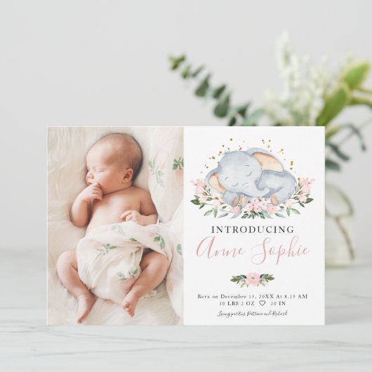 Cute Elephant Photo Birth Announcement Cards Kaart (Staand voorkant)
