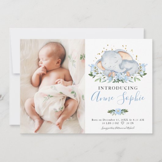 Cute Elephant Photo Birth Announcement Cards Kaart (Voorkant)