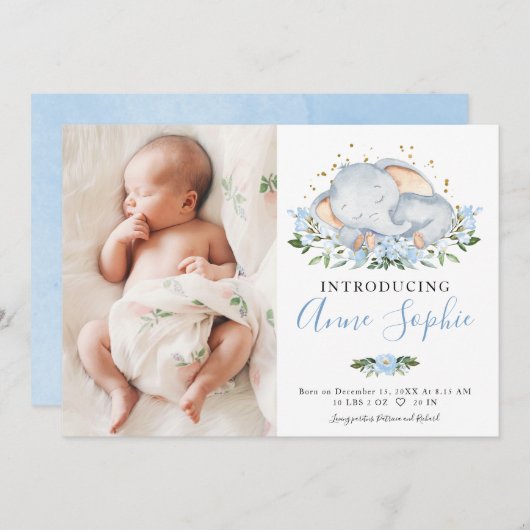 Cute Elephant Photo Birth Announcement Cards Kaart (Voorkant / Achterkant)