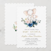 Cute Elephant Pink Blue Flowers Baby shower Kaart (Voorkant / Achterkant)