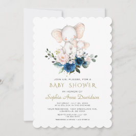Cute Elephant Pink Blue Flowers Baby shower Kaart