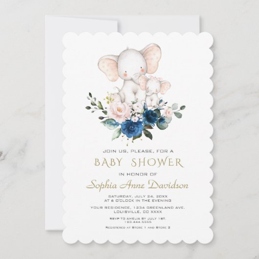 Cute Elephant Pink Blue Flowers Baby shower Kaart (Voorkant)