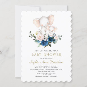 Cute Elephant Pink Blue Flowers Baby shower Kaart