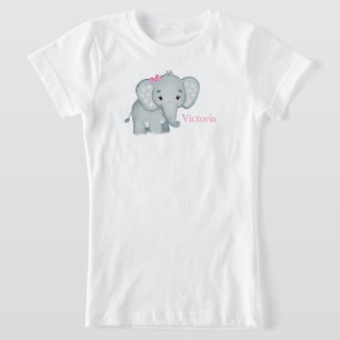 Cute Elephant Pink Bow Name Kinder Girls T-shirt