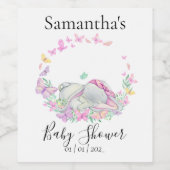Cute Elephant Pink Butterflies Baby shower Wijn Etiket (Enkel label)