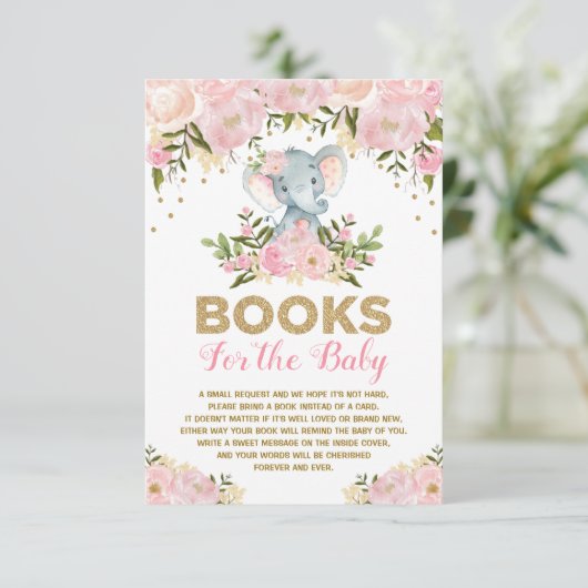 Cute Elephant Pink Floral Baby Girl Book Request Informatiekaartje (Staand voorkant)