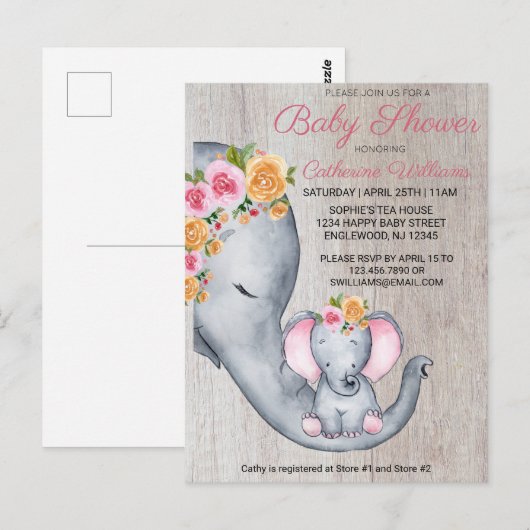 Cute Elephant Pink Floral Baby shower Invitation Briefkaart (Voorkant / Achterkant)